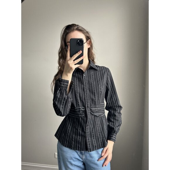 Apt. 9 Black & White Pinstripe Button Down Shirt Size M – Fitted Office Siren Bl - Picture 1 of 7